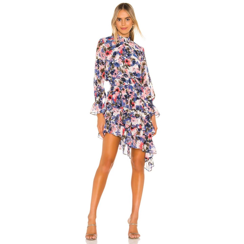 MISA Los‎ Angeles Savanna Dress Tie Dye Floral Asymmetric Ruffle Chiffon Medium